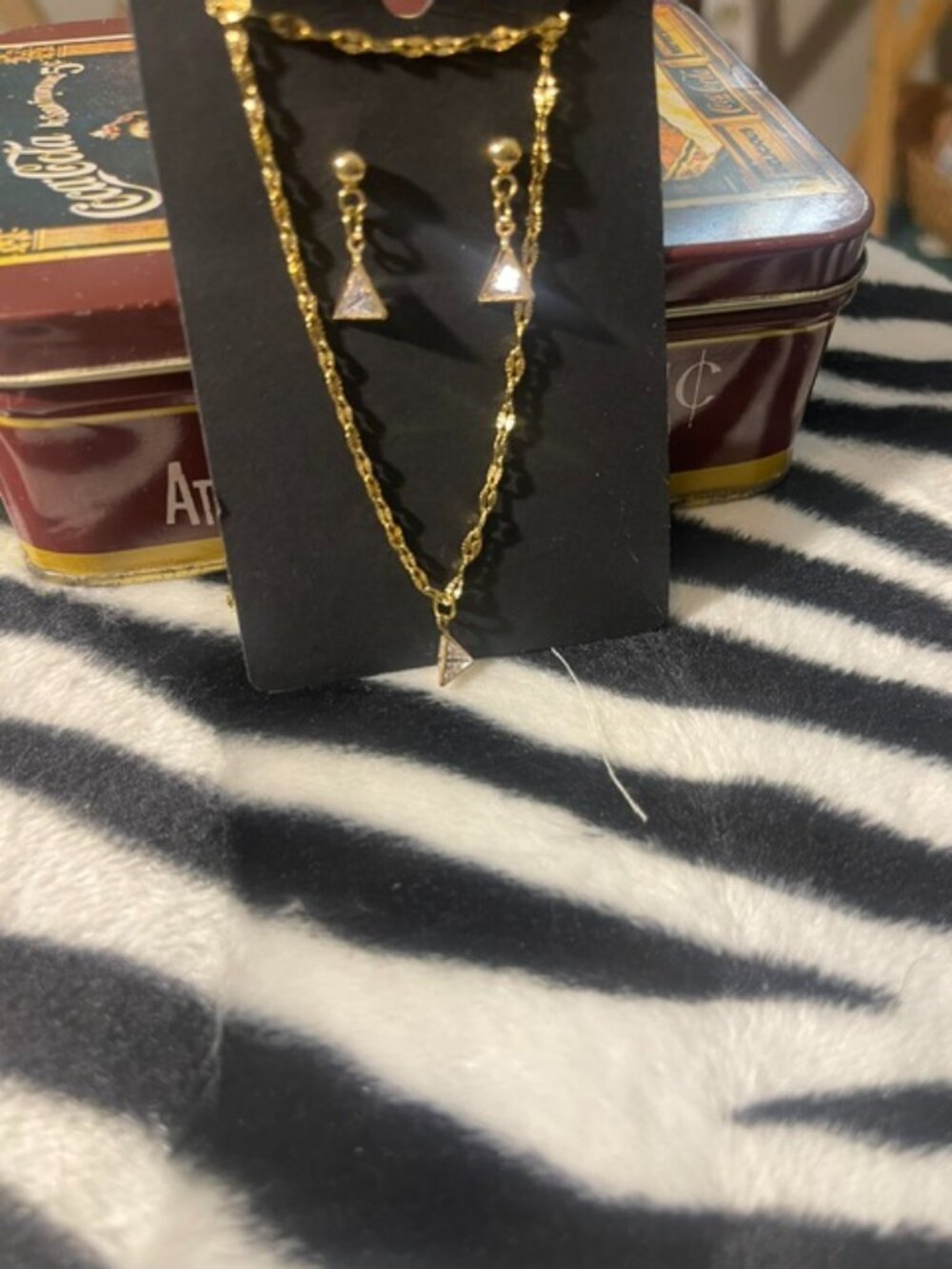 18KGP Triangle Shape CZ Earrings and Necklace set New 18" Dainty Chain